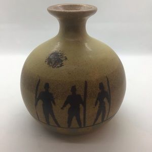 Vintage Flat Earth Three Warriors Studio Pottery Vase by Michael Schlyer